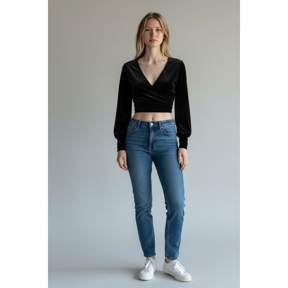 terms: “AQUA Bloomingdale's Black Velvet Long Sleeve Faux Wrap Crop Top V-Neck M